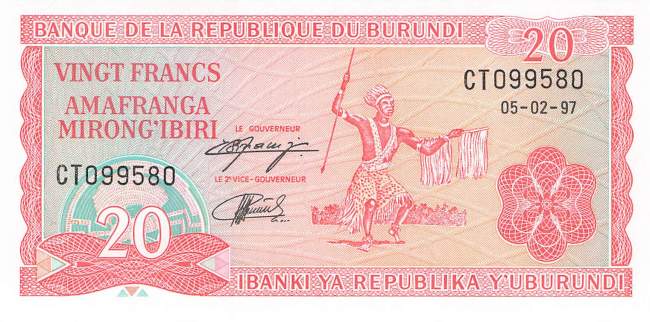 Burundi p27d 20 Francs 1997